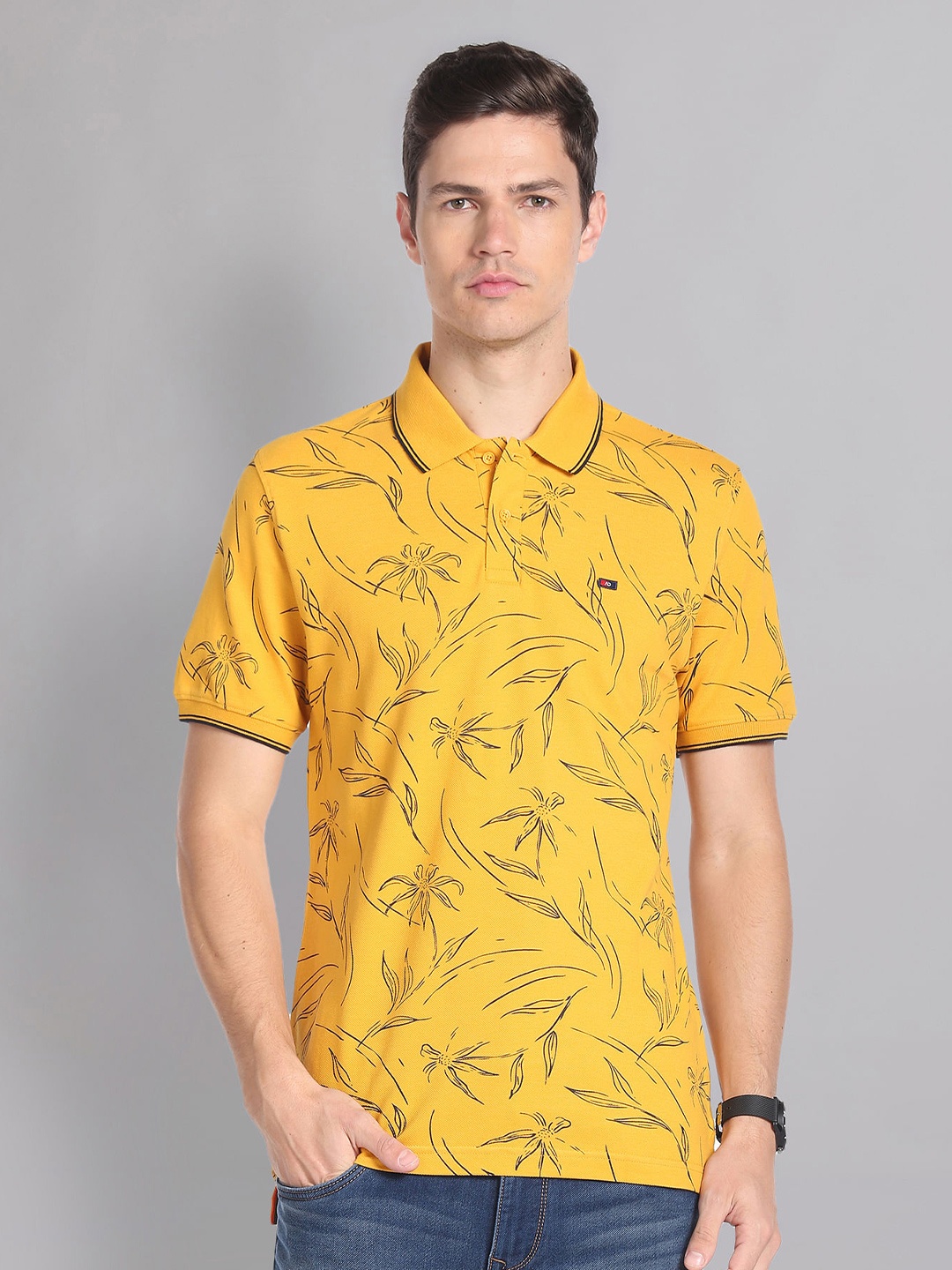 

AD By Arvind Floral Printed Polo Collar Pure Cotton Slim Fit T-shirt, Yellow