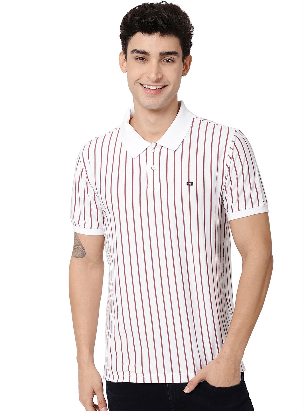 

AD By Arvind Striped Polo Collar Pure Cotton T-shirt, White