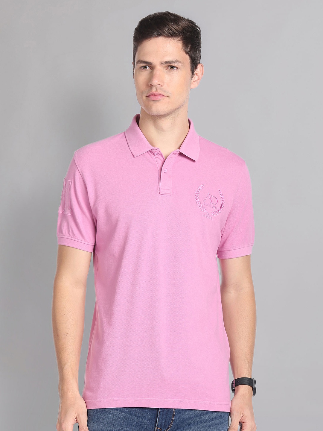 

AD By Arvind Embroidered Logo Moistex Finish Polo Collar Slim Fit Pure Cotton T-shirt, Pink