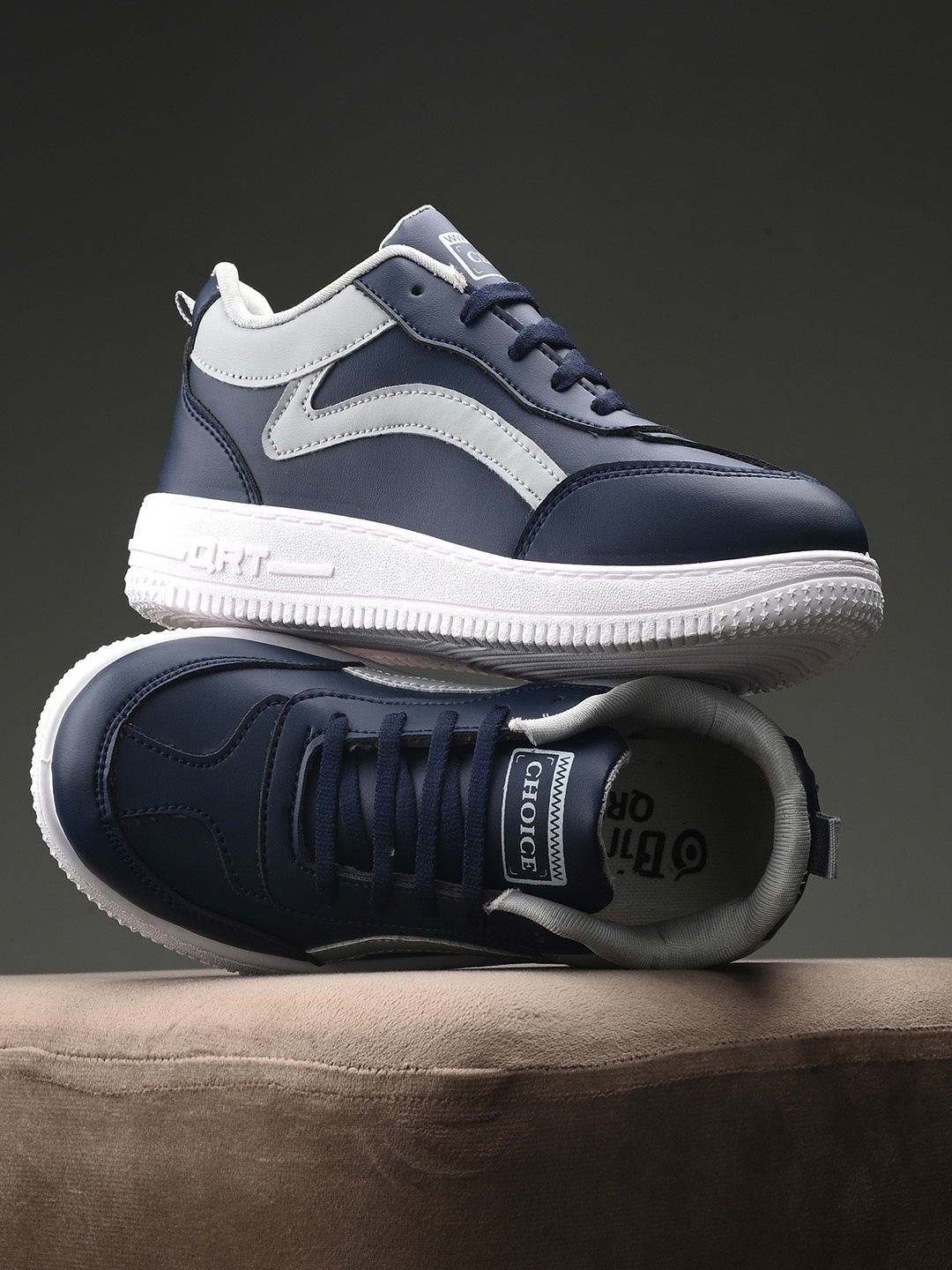 

BIRDE Men Lace-Up Leather Sneakers, Navy blue