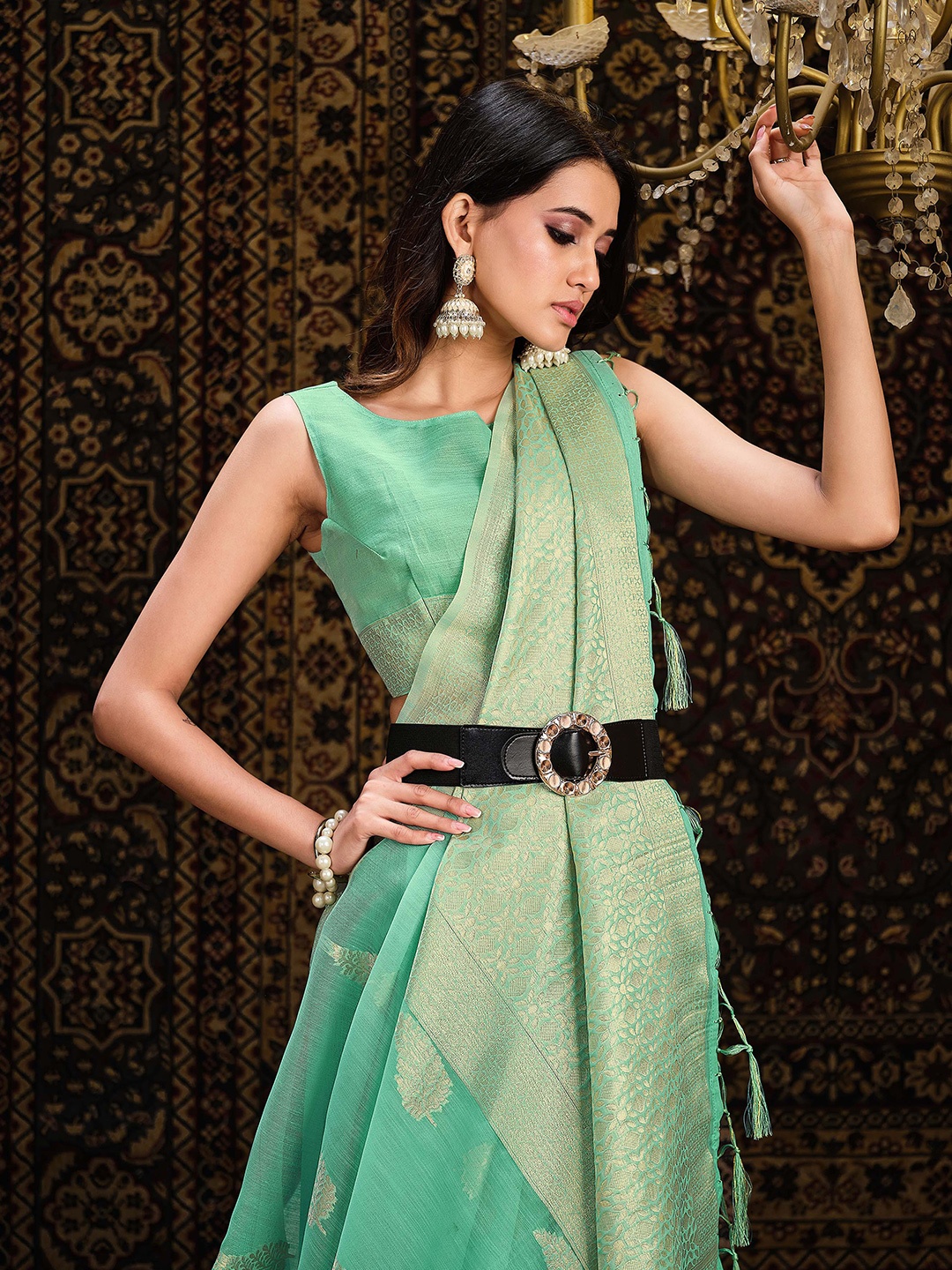 

Sangria Ethnic motif Woven Design Zari Sarees, Sea green