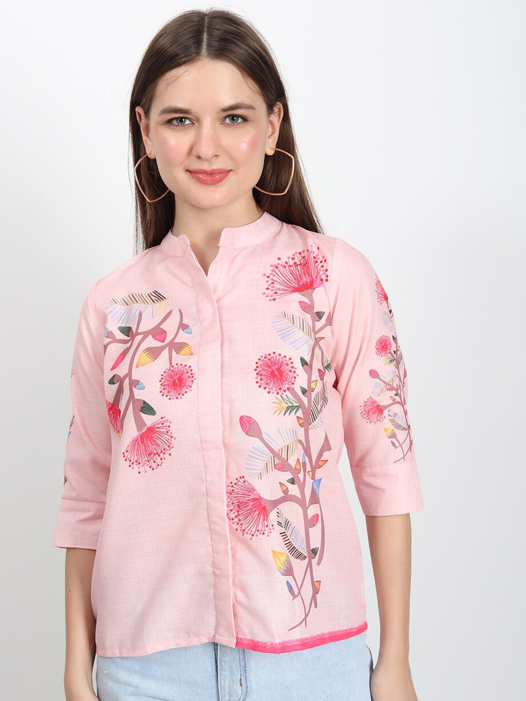 

ISAM Floral Printed Mandarin Collar Linen Tunic, Pink