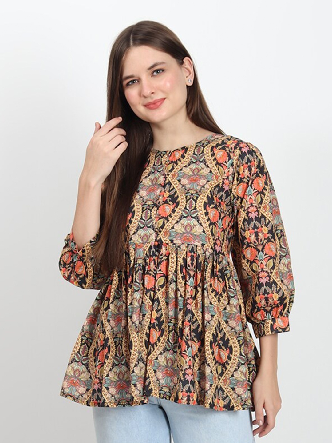 

ISAM Ethnic Motifs Printed Puffed Sleeves Gathered or Pleated Pure Cotton Peplum Top, Black