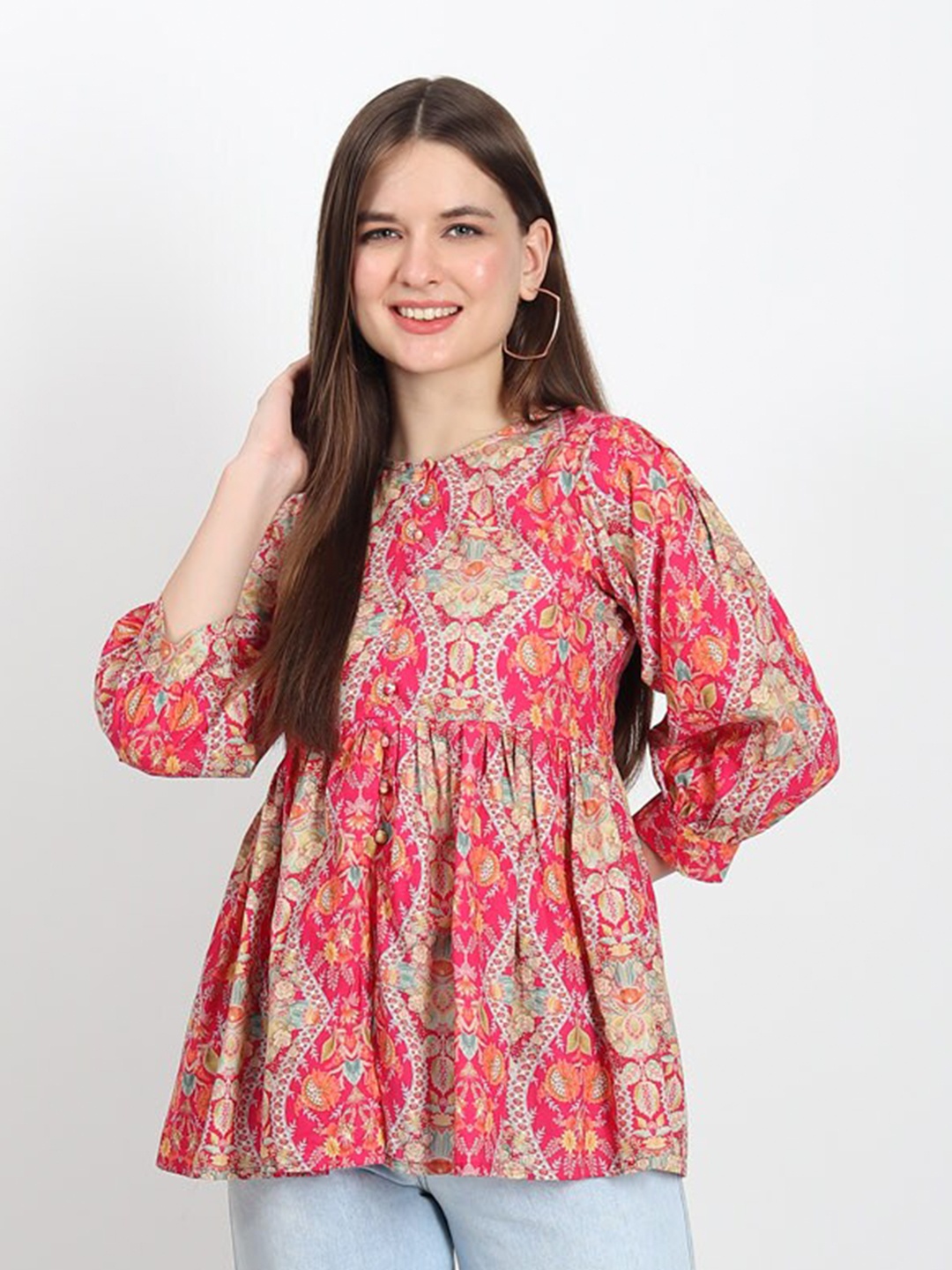 

ISAM Ethnic Motifs Printed Pure Cotton A-Line Tunic, Pink