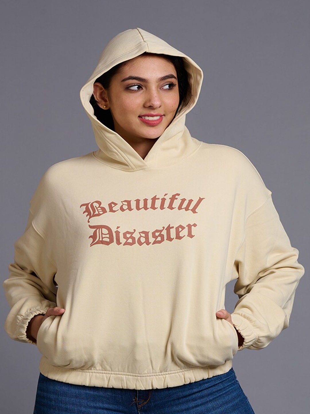 

GO DEVIL Typography Printed Hooded Pullover, Cream