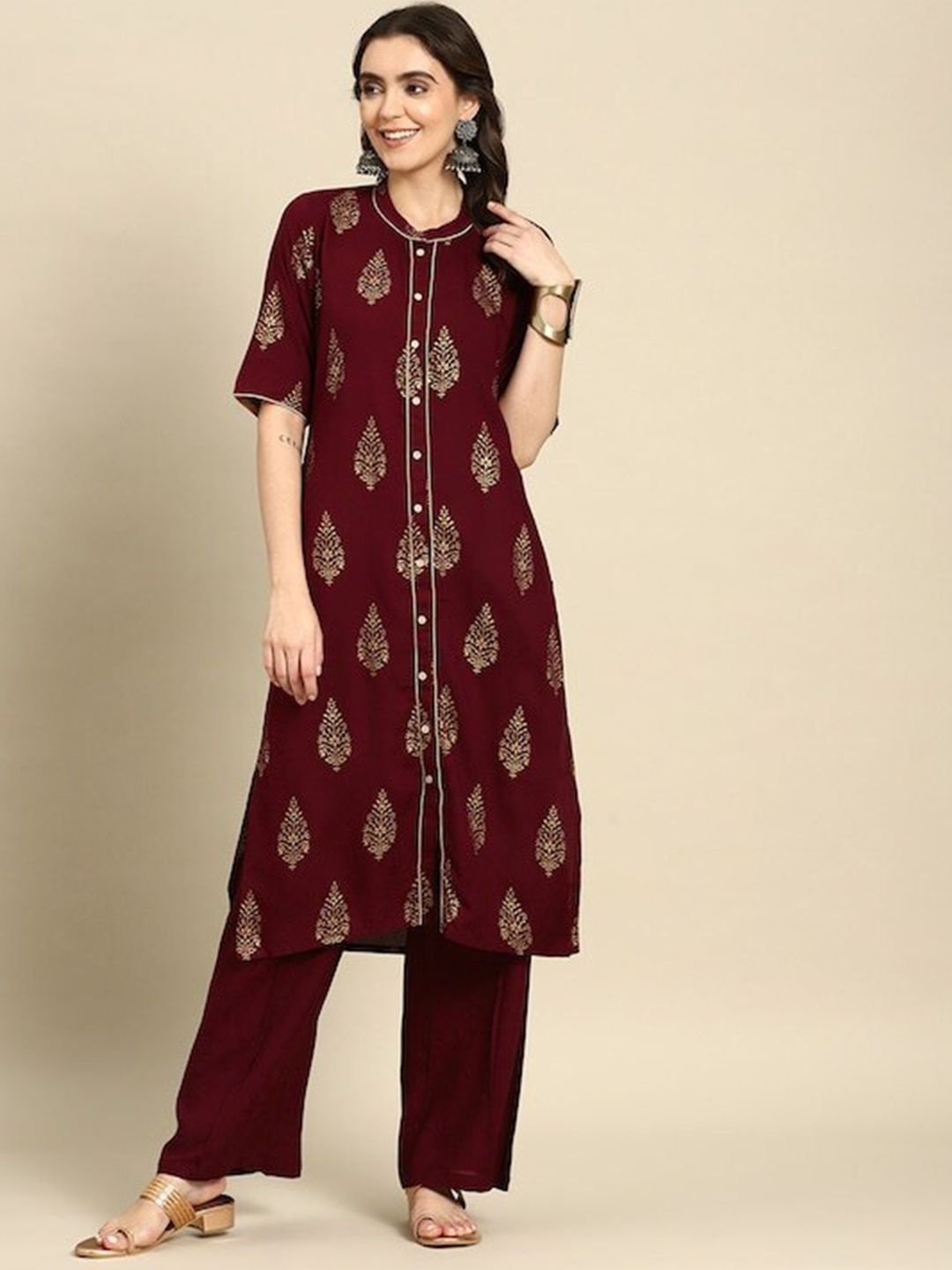 

HERE&NOW Maroon & Beige Ethnic Motifs Printed Straight Kurta with Palazzos