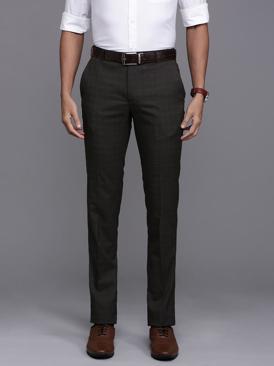 

Raymond Men Checked Slim Fit Formal Trousers, Brown