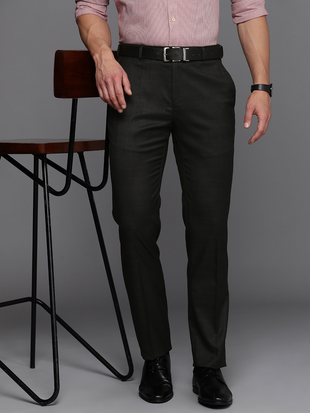 

Raymond Men Mid-Rise Slim Fit Checked Formal Trousers, Black