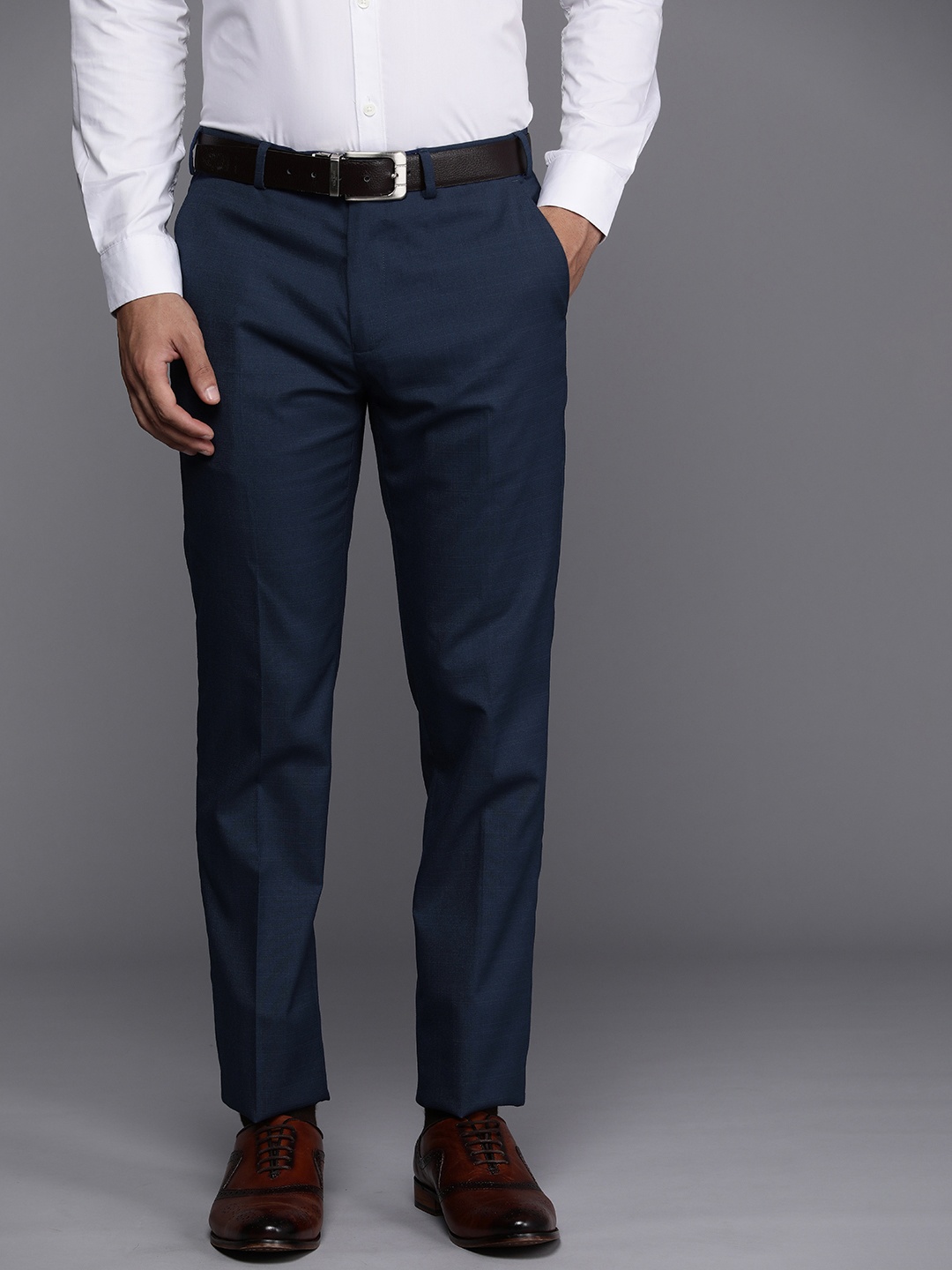 

Raymond Men Checked Slim Fit Mid-Rise Formal Trousers, Blue