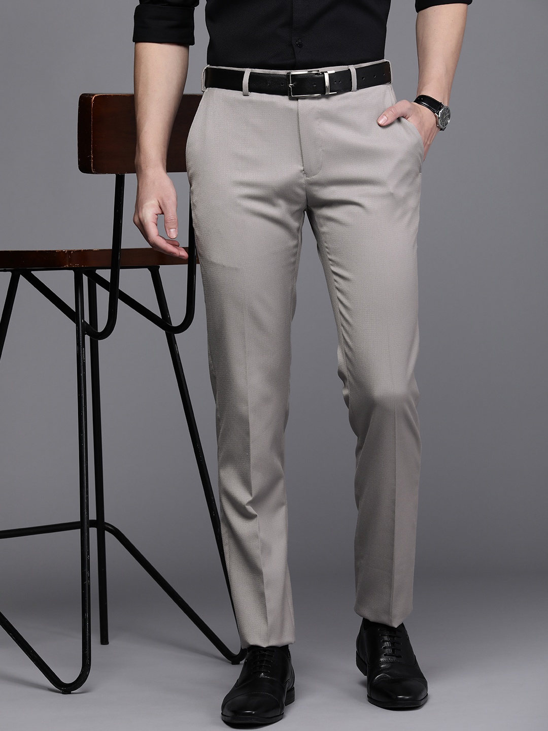 

Raymond Men Self Design Textured Slim Fit Formal Trousers, Grey