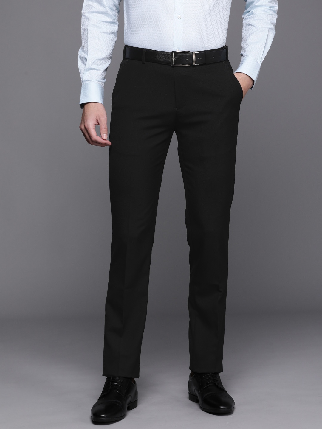 

Raymond Men Solid Mid-Rise Slim Fit Formal Trousers, Black