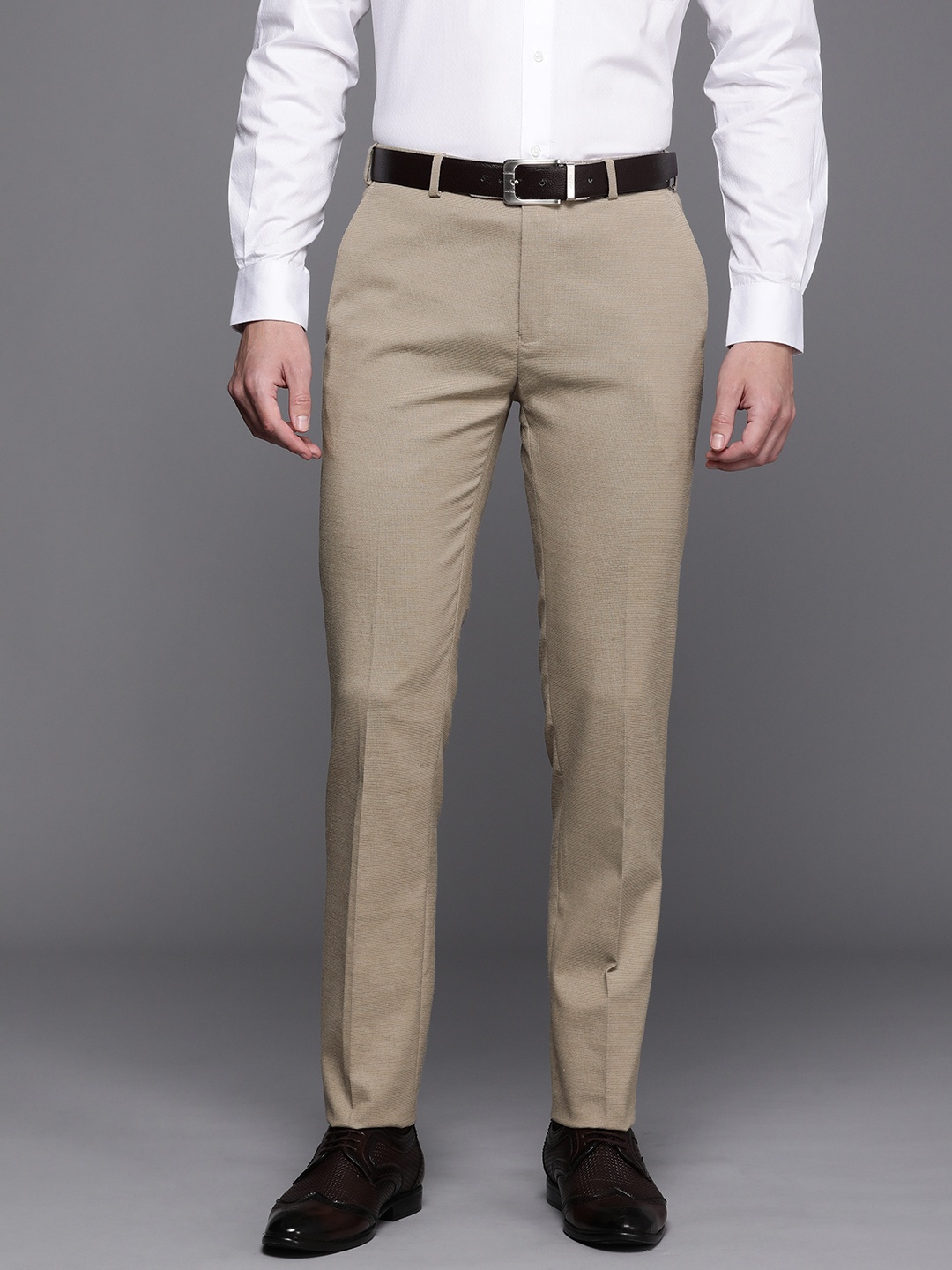 Raymond Men Mid-Rise Slim Fit Formal Trousers, Beige