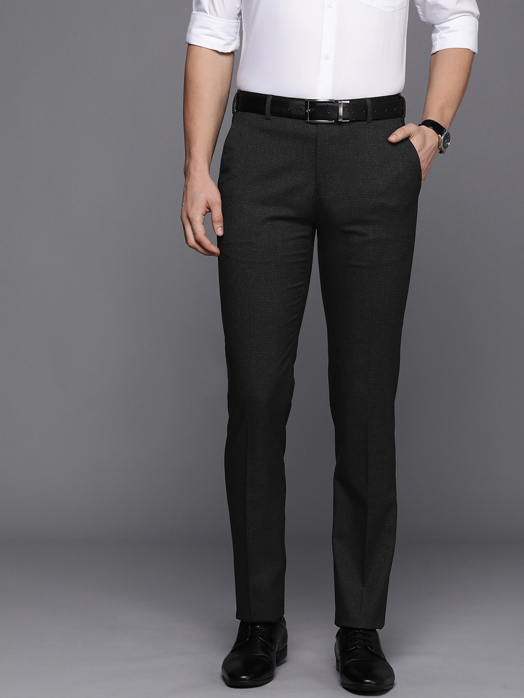 

Raymond Men Checked Slim Fit Formal Trousers, Charcoal