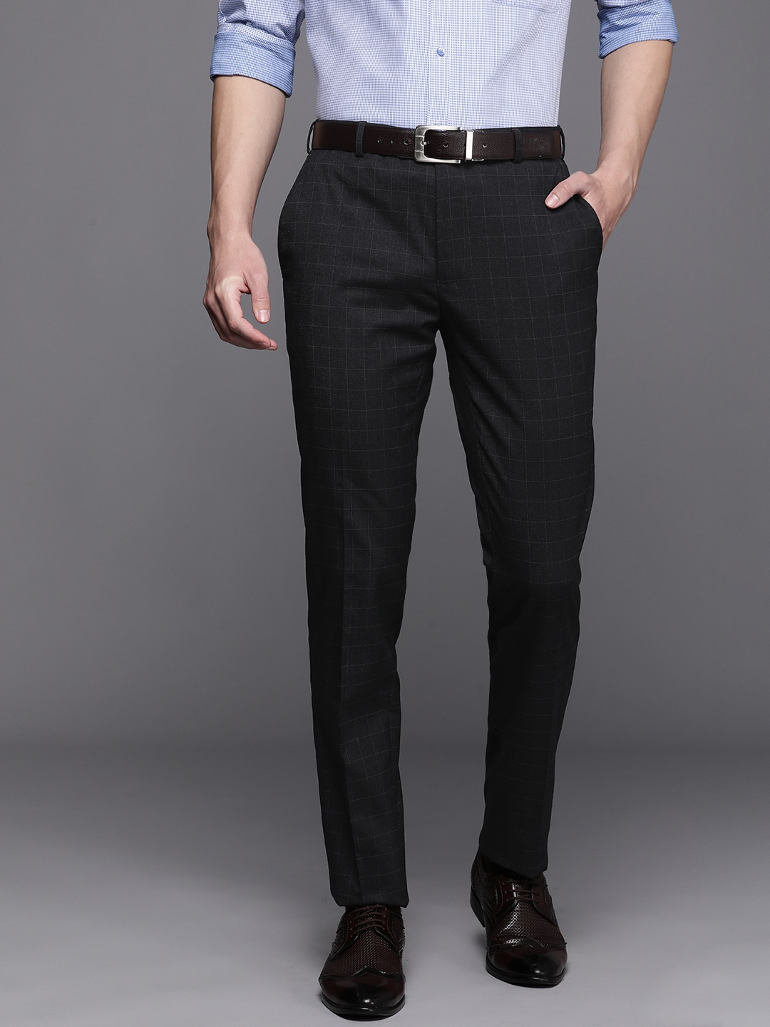 

Raymond Men Mid-Rise Slim Fit Checked Formal Trousers, Black