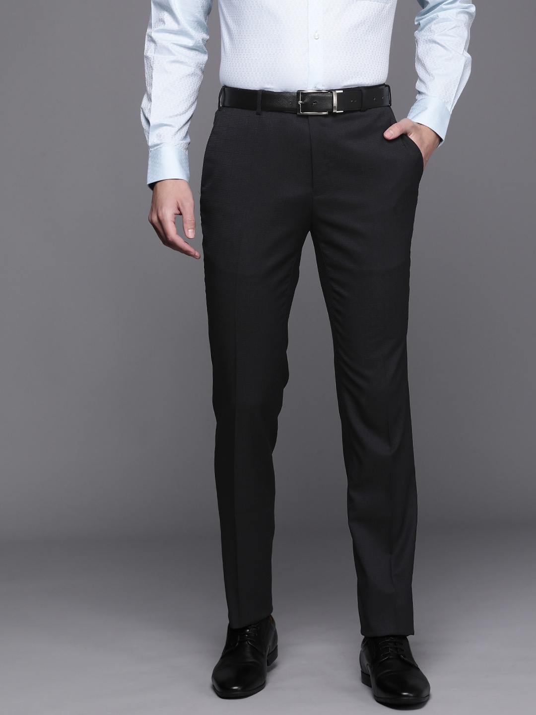 

Raymond Men Mid-Rise Self Design Slim Fit Textured Formal Trousers, Blue