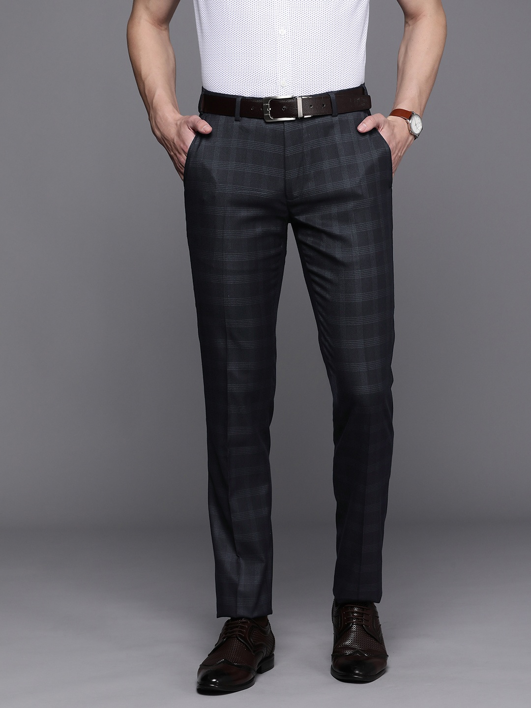 

Raymond Men Mid-Rise Slim Fit Checked Formal Trousers, Blue