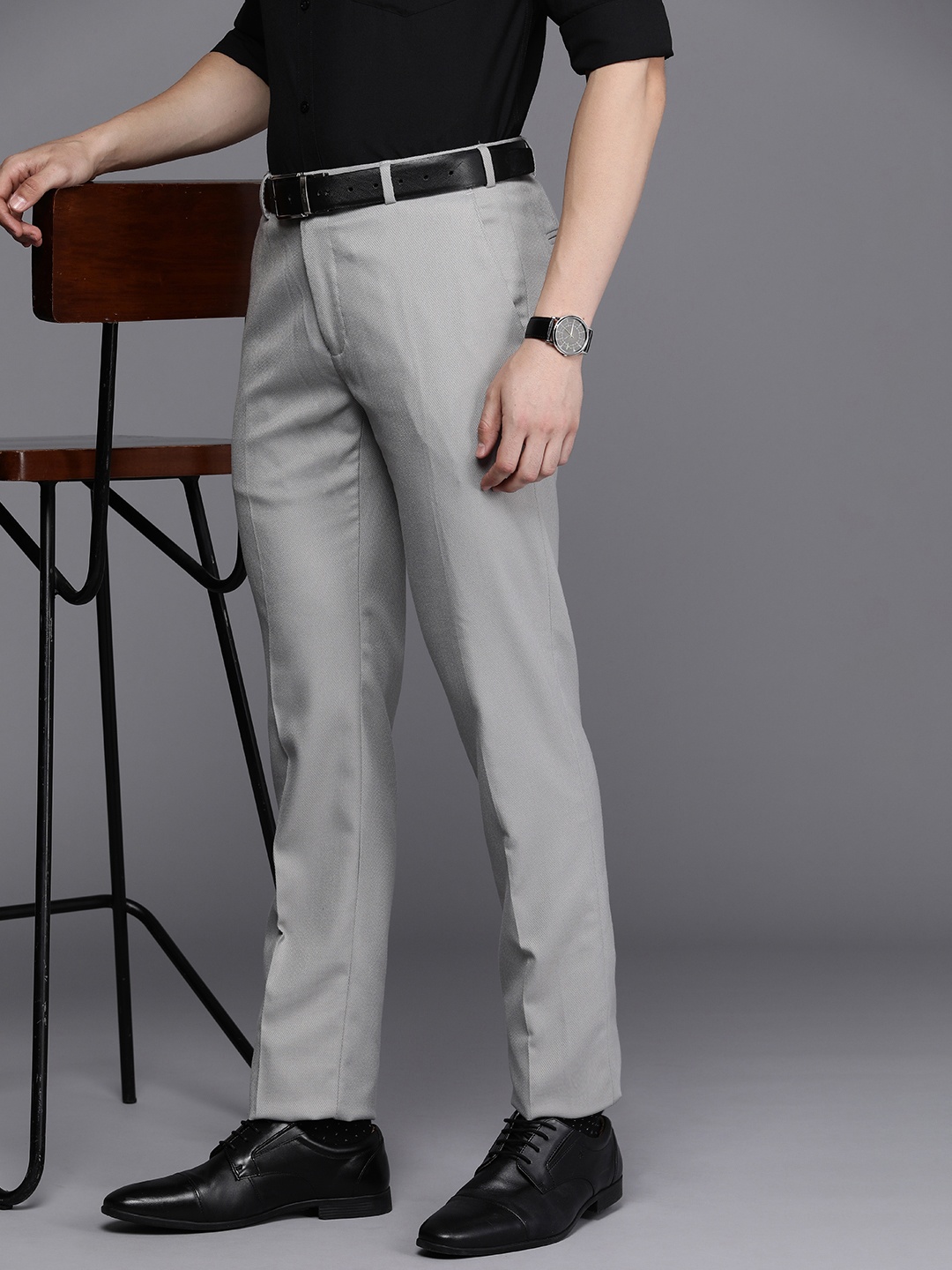 

Raymond Men Textured Slim Fit Mid-Rise Formal Trousers, Grey