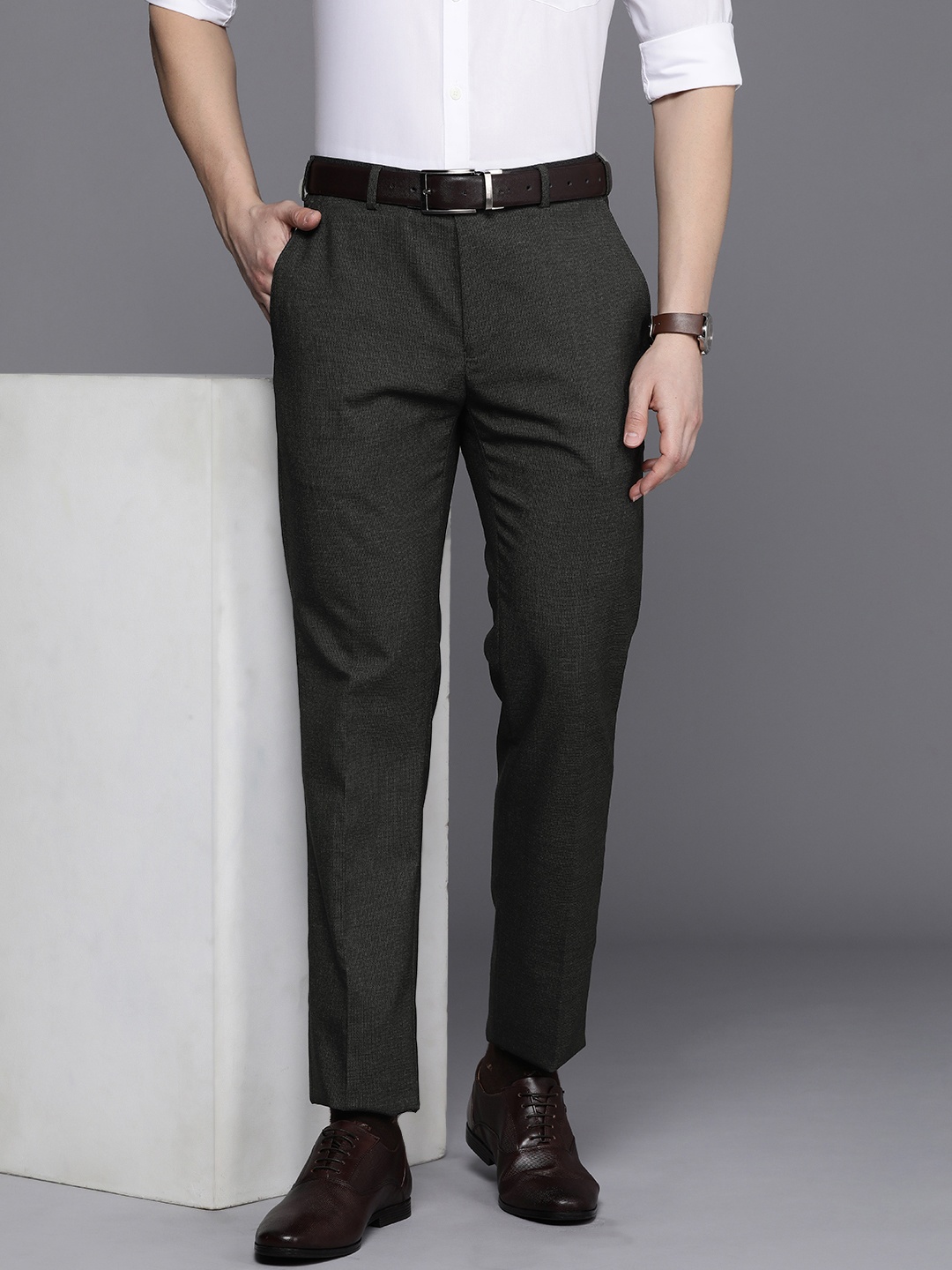 

Raymond Men Mid-Rise Textured Slim Fit Trousers, Charcoal