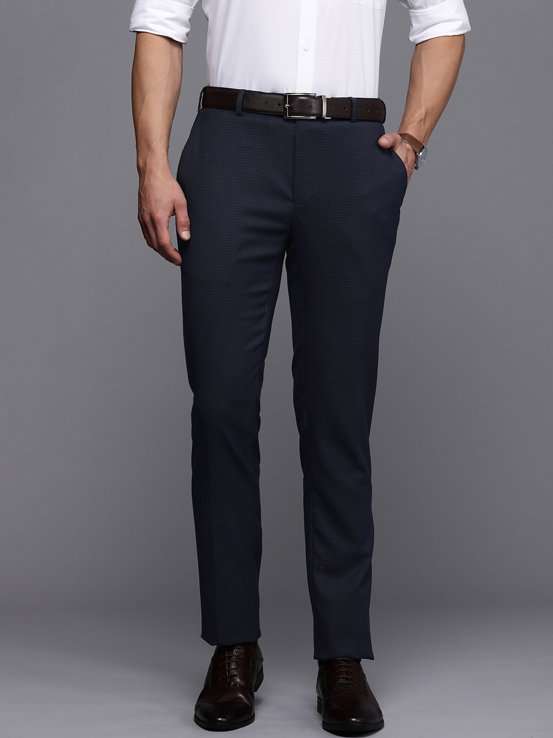 

Raymond Men Checked Slim Fit Formal Trouser, Navy blue