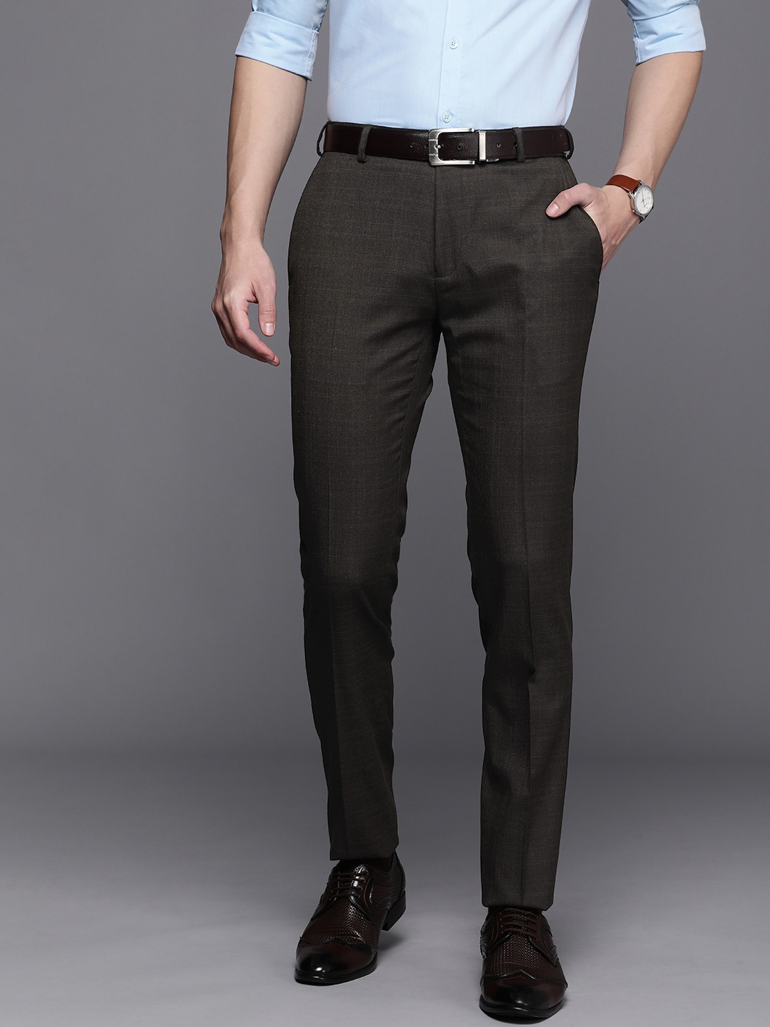 

Raymond Men Checked Slim Fit Formal Trousers, Brown