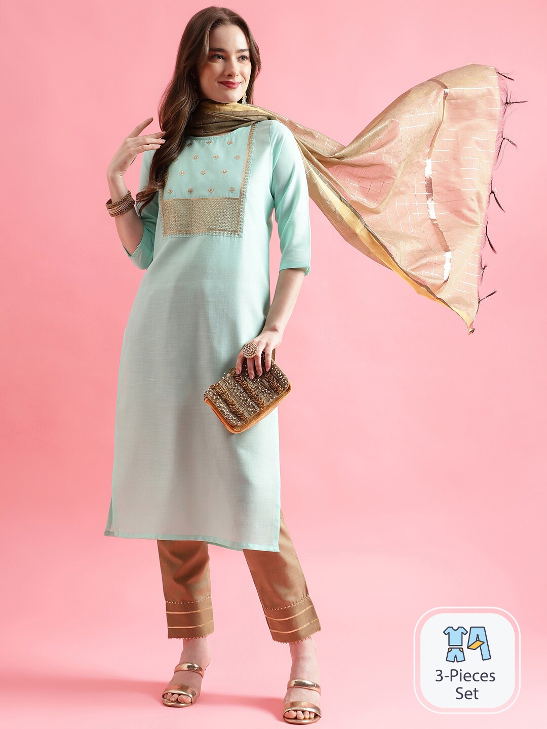 

PPTOSS Floral Embroidered Sequinned Pure Cotton Straight Kurta With Trousers & Dupatta, Blue