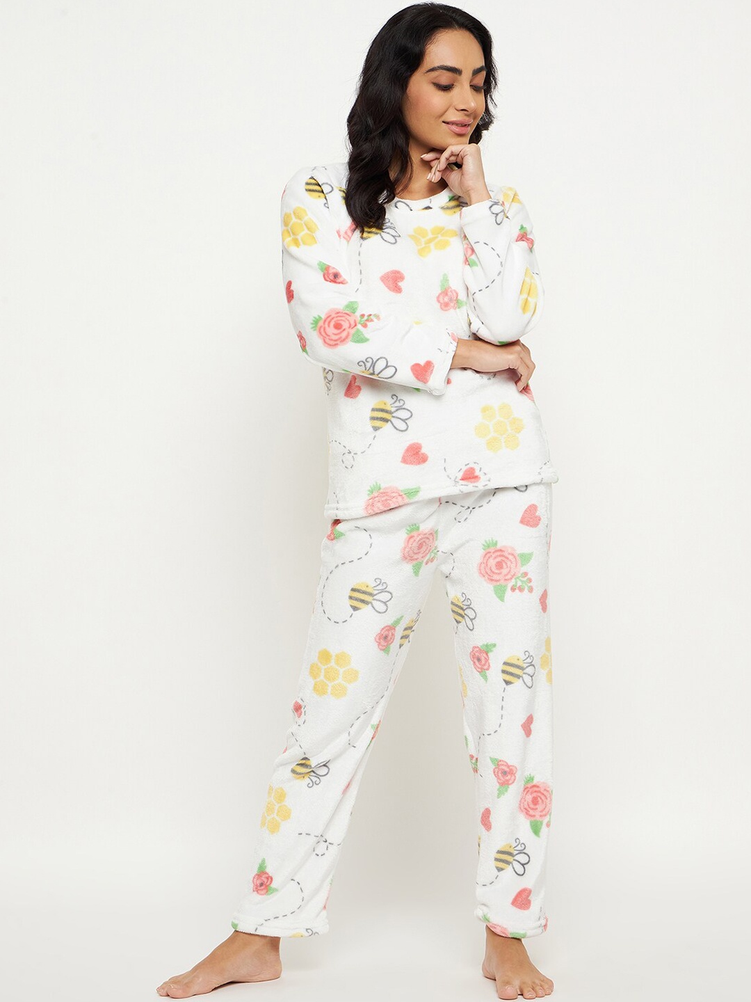 

Camey Floral Printed Night suit, White