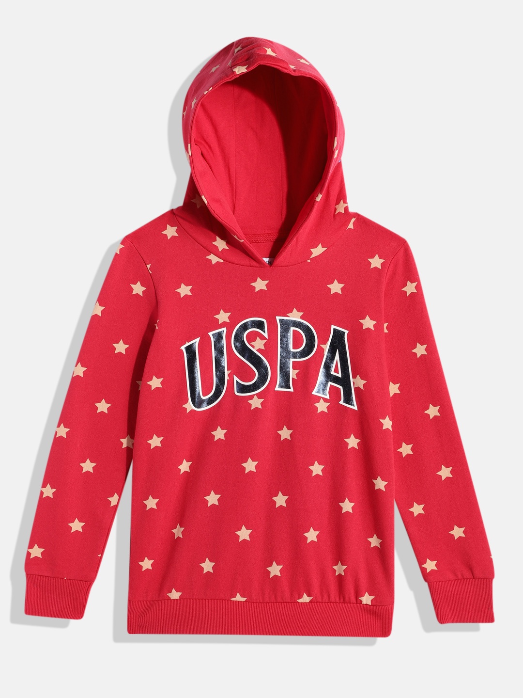 

U.S. Polo Assn. Kids Girls Printed Hooded Pure Cotton Sweatshirt, Red