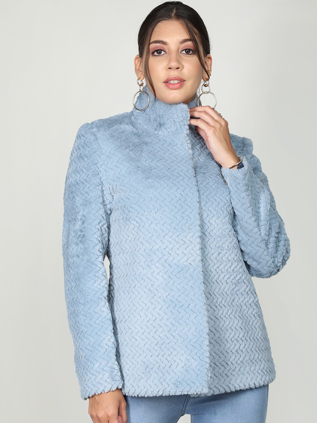 

CHKOKKO Self Design Fuzzy Wool Pea Coat, Blue