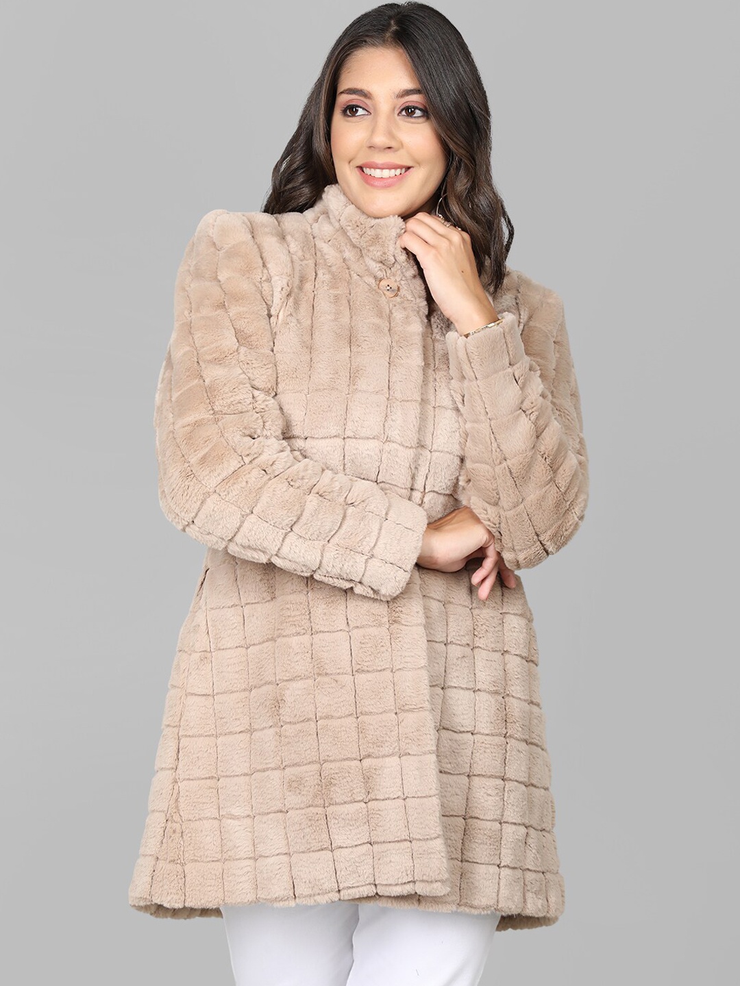 

CHKOKKO Self Design Fuzzy Woollen Pea Coat, Beige