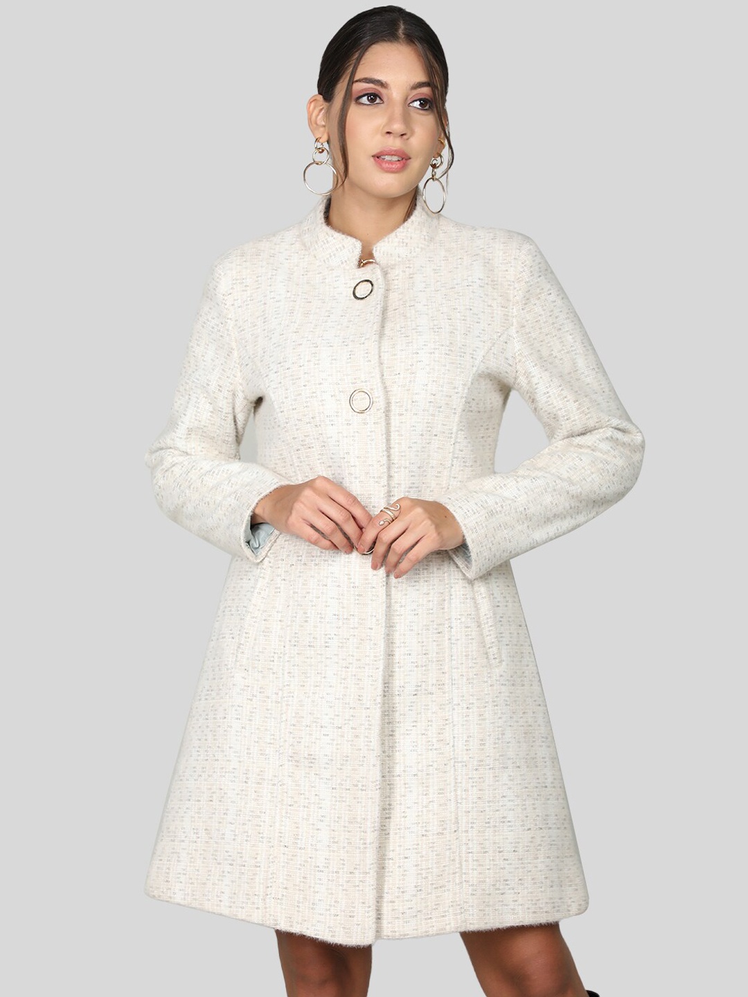 

CHKOKKO Self-Design Mandarin Collar Woollen Princess Coat, Beige