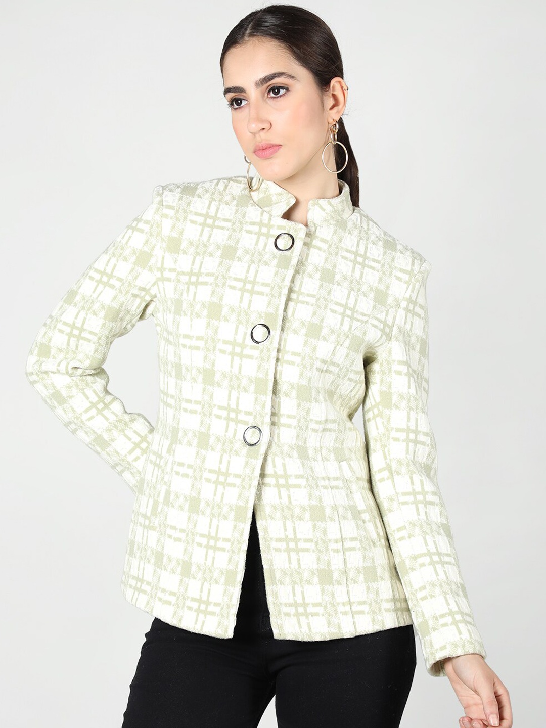

CHKOKKO Checked Stand Collar Woollen Pea Coat, Green