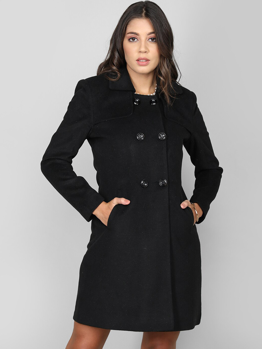 

CHKOKKO Spread Collar Double-Breasted Woollen Overcoat, Black