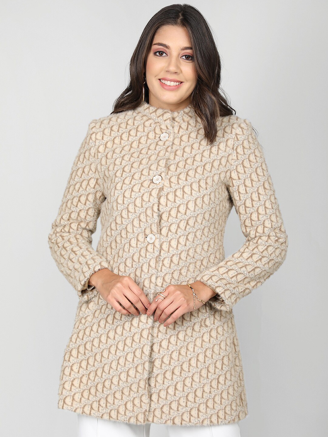

CHKOKKO Self-Design Stand Collar Woollen Overcoat, Beige