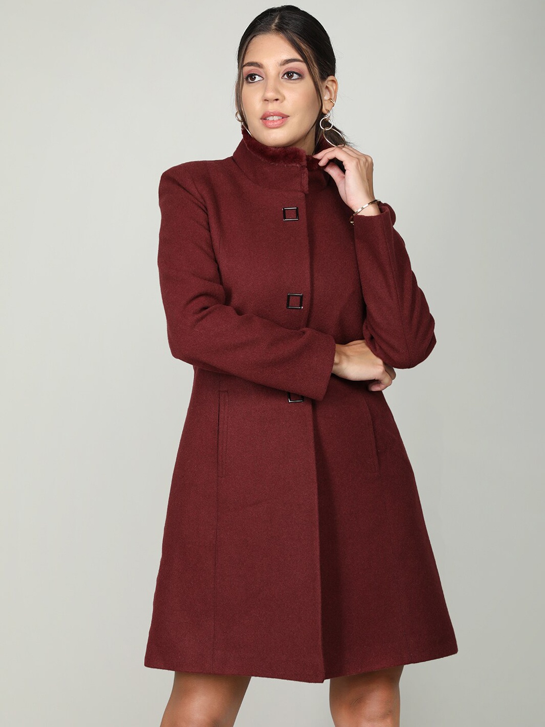 

CHKOKKO Stand Collar Woollen Pea Coat, Maroon
