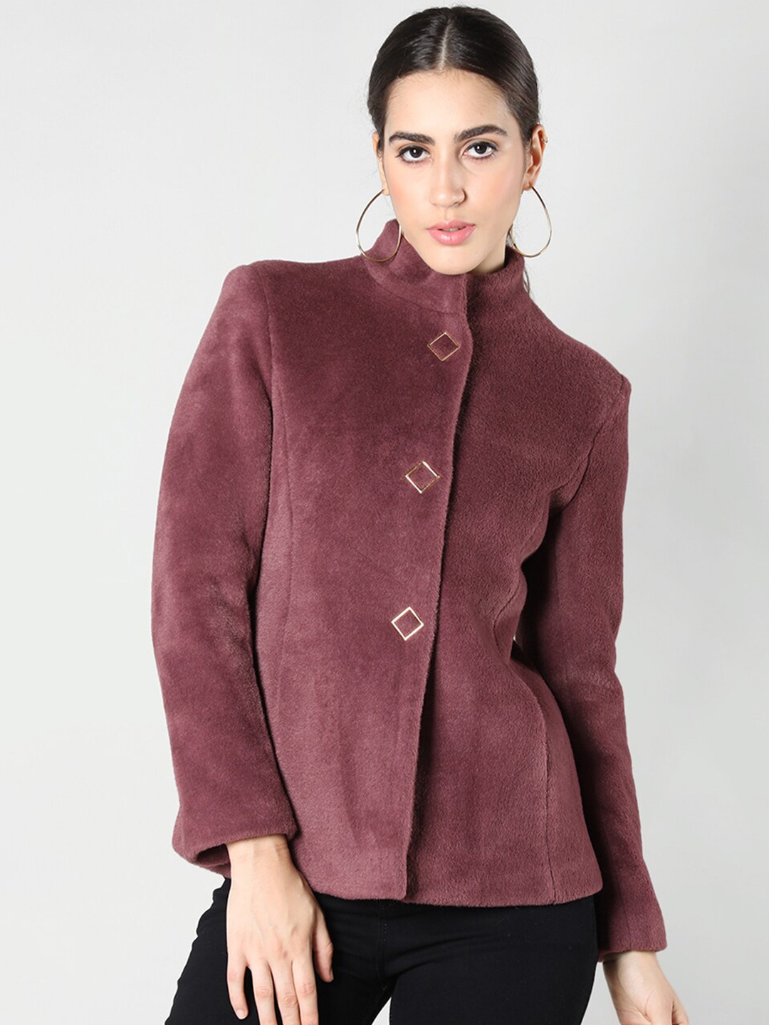 

CHKOKKO Stand Collar Woollen Overcoat, Maroon