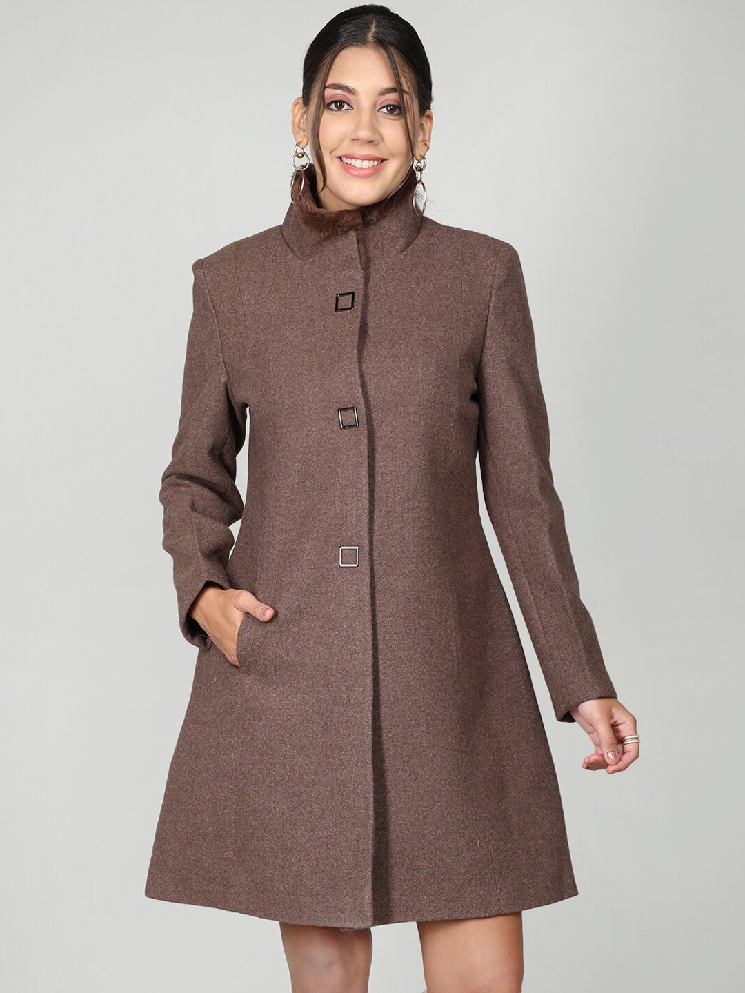

CHKOKKO Stand Collar Faux Fur Trim Detail Woollen Overcoat, Brown