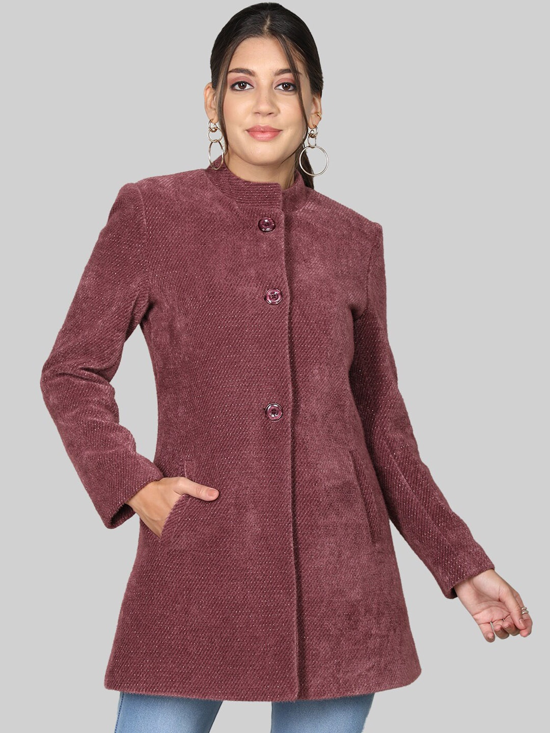

CHKOKKO Self-Design Stand Collar Woollen Overcoat, Purple