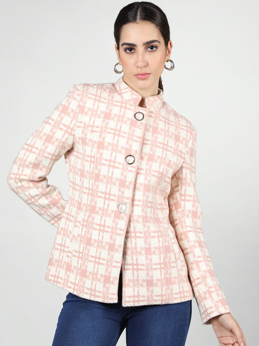 

CHKOKKO Stand Collar Checked Woollen Pea Coat, Pink