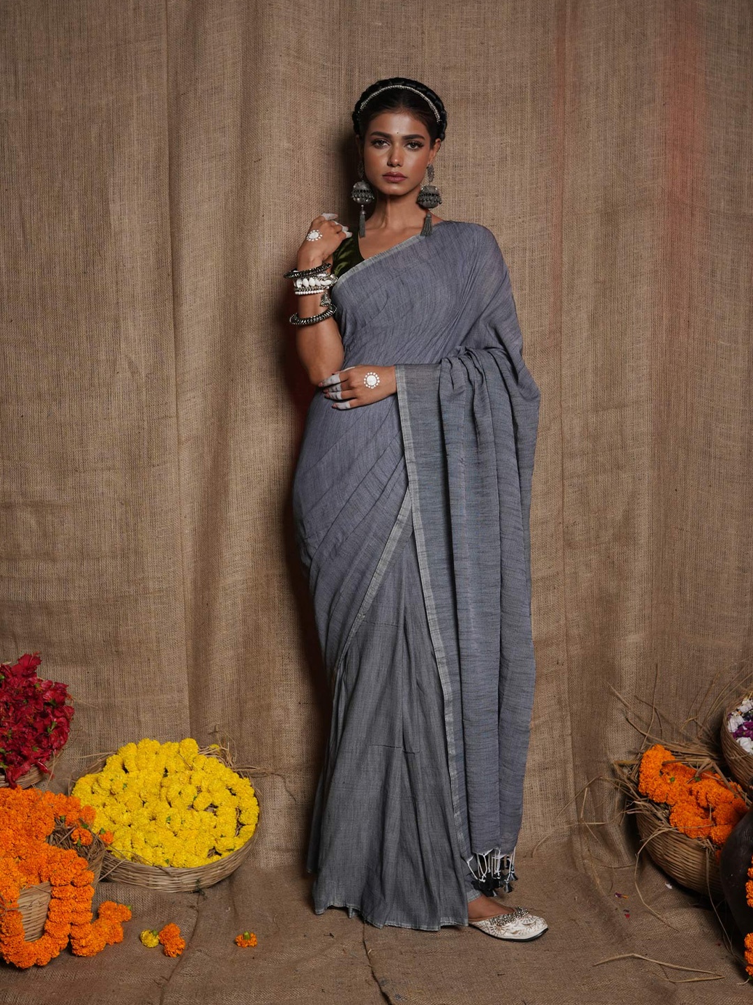 

Unnati Silks Pure Cotton Jamdani Saree, Grey