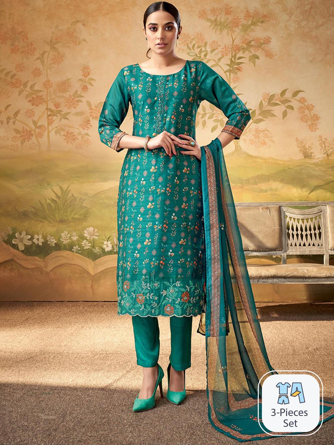 

DRESOUL Floral Printed Regular Kurta with Pyjamas & With Dupatta, Blue