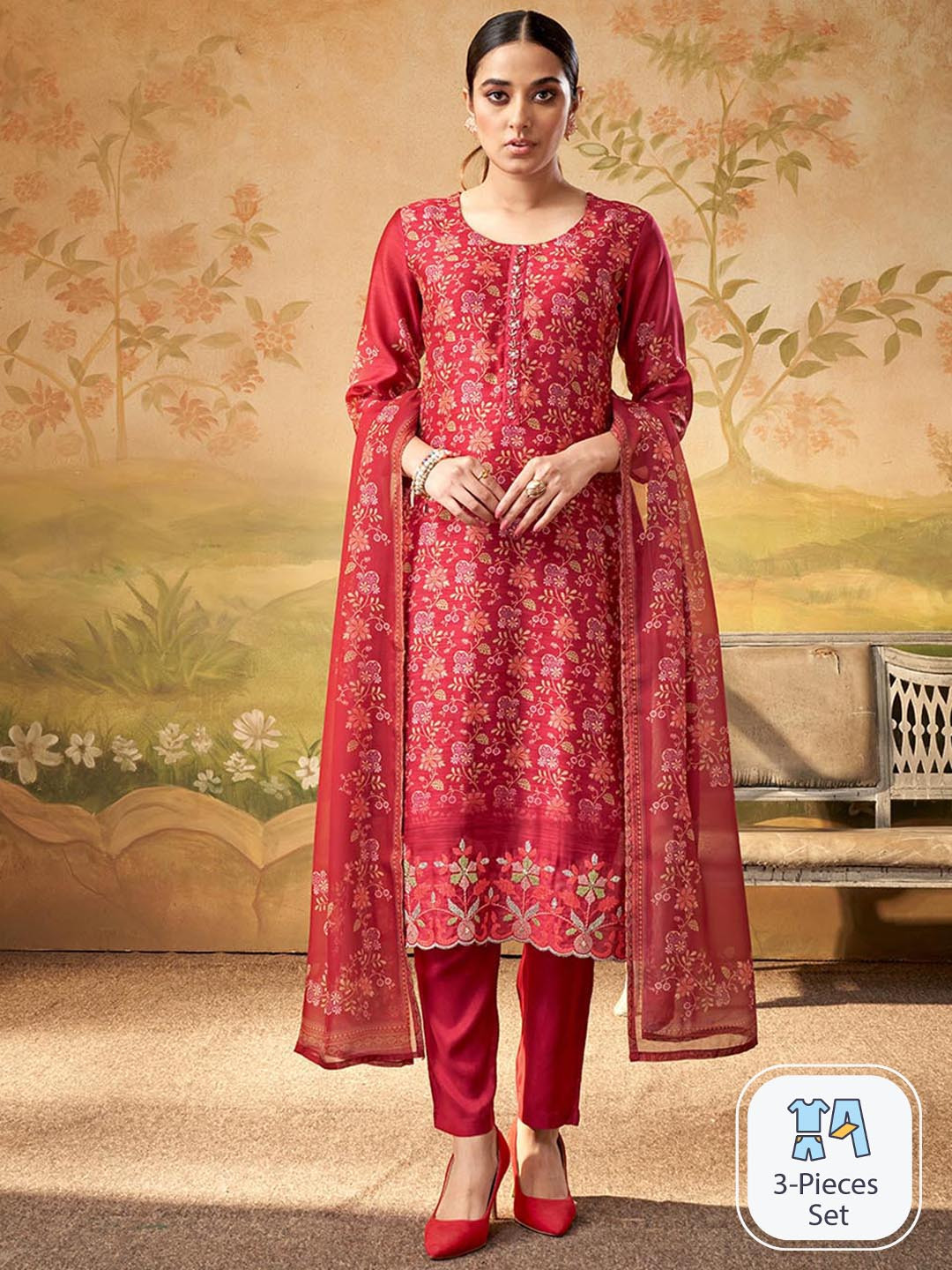 

DRESOUL Floral Printed Regular Kurta with Pyjamas & With Dupatta, Red