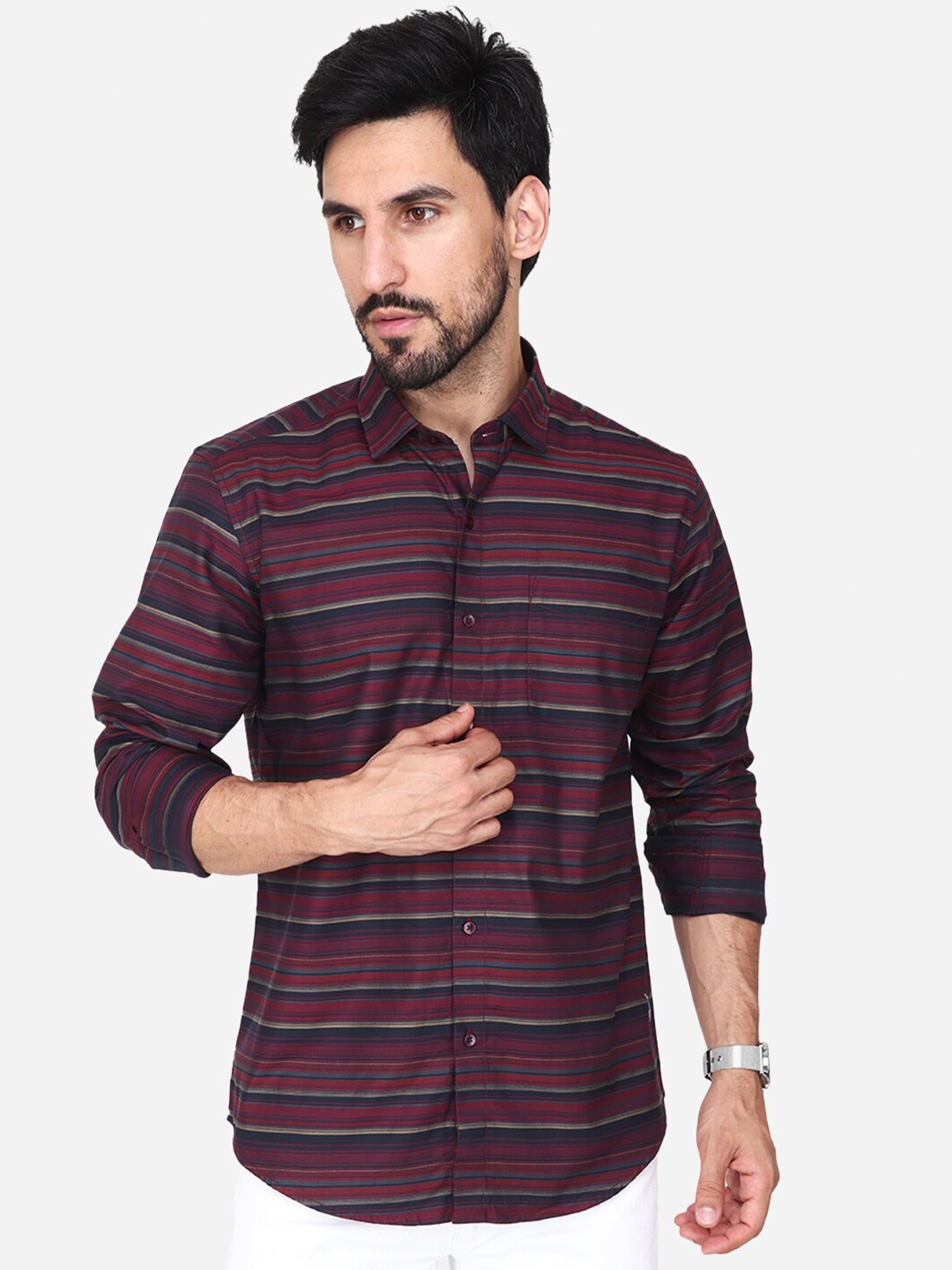 

Steele Classic Spread Collar Horizontal Stripes Cotton Striped Casual Shirt, Green