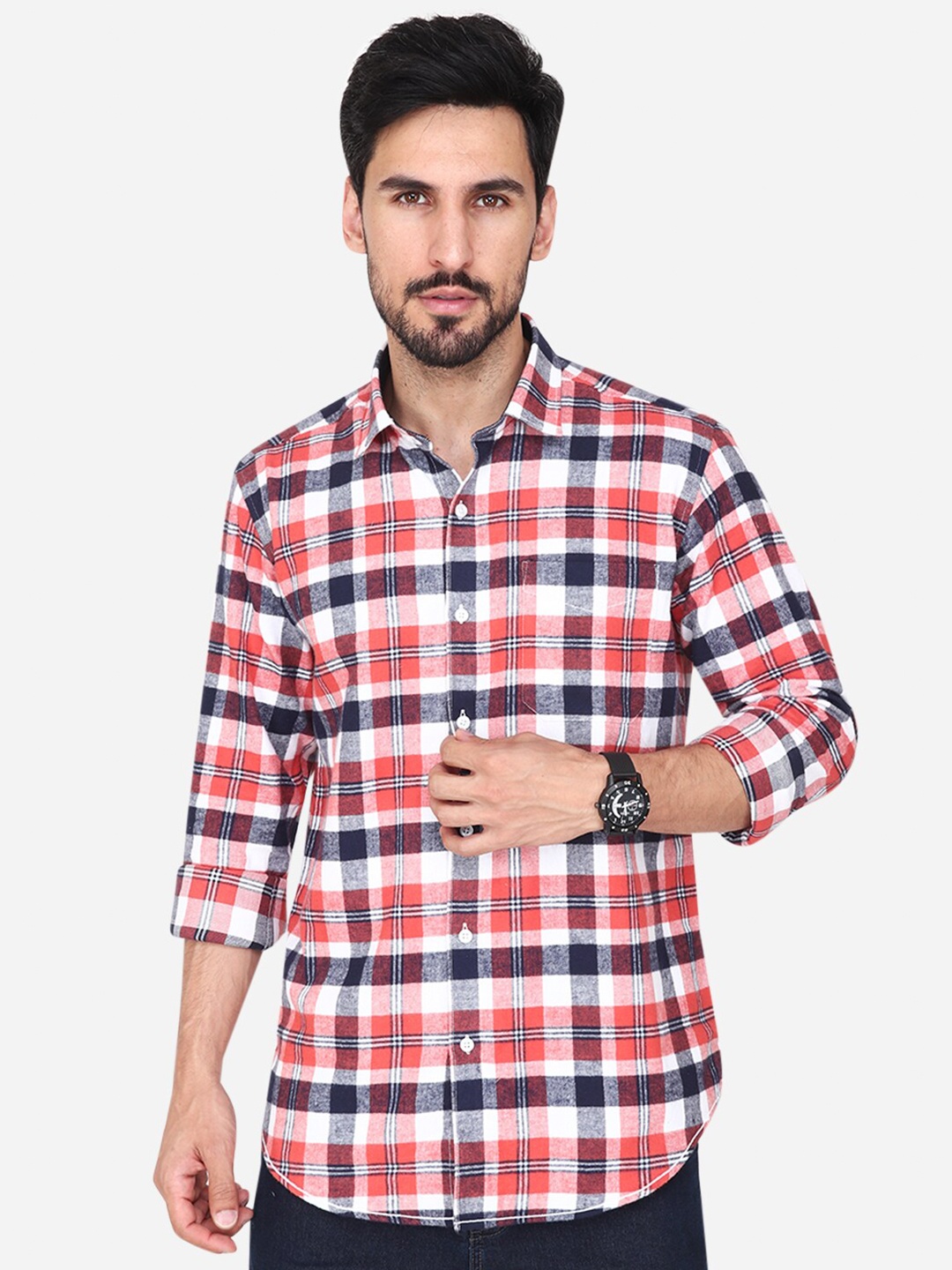 

Steele Classic Spread Collar Tartan Checks Cotton Casual Shirt, Red