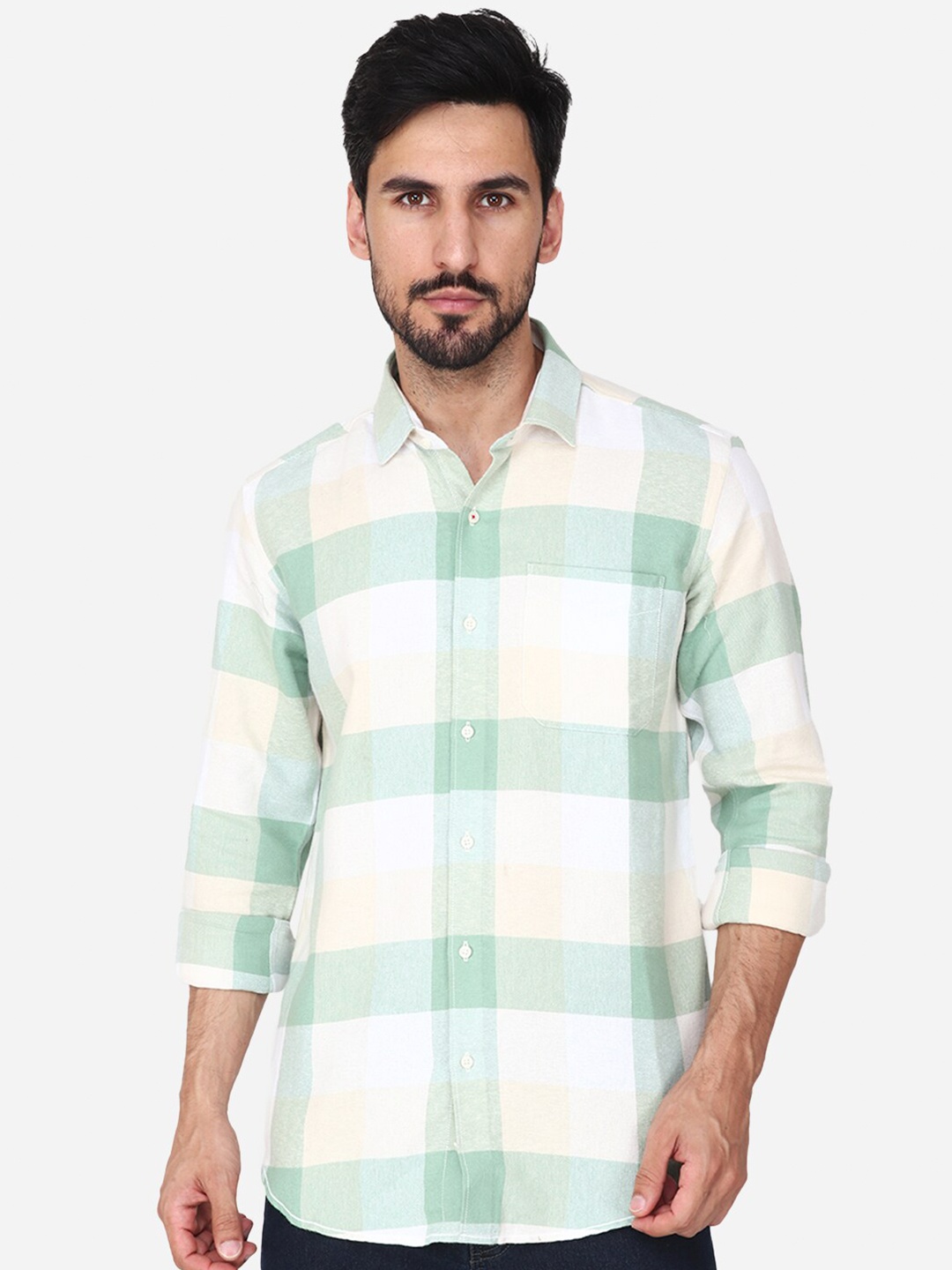 

Steele Classic Spread Collar Windowpane Checks Cotton Casual Shirt, Green