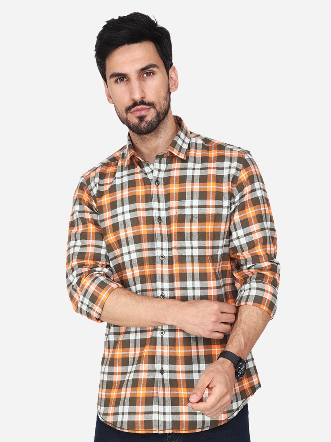 

Steele Collar Classic Spread Tartan Checks Cotton Casual Shirt, Orange