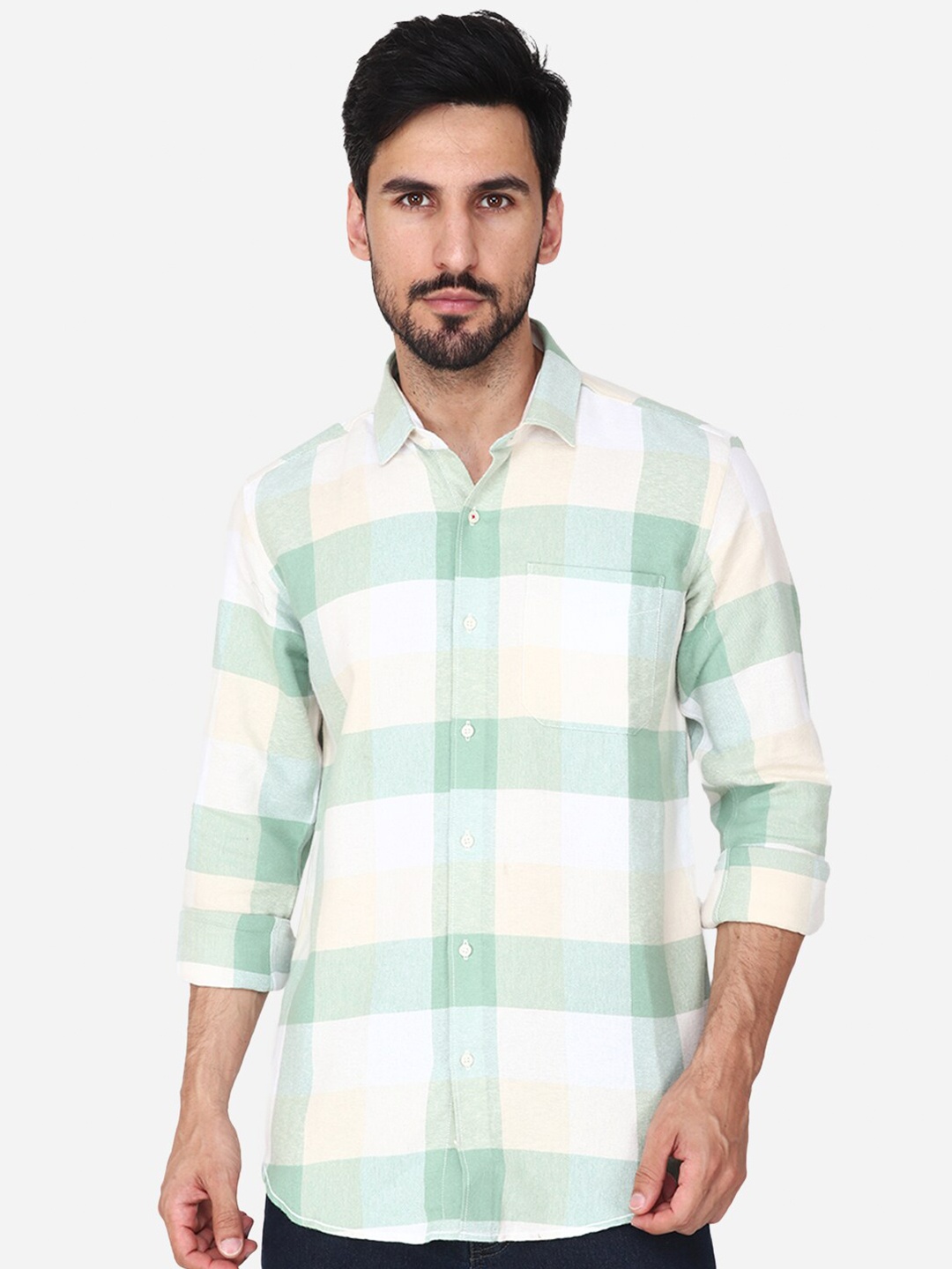 

Steele Classic Spread Collar Windowpane Checks Cotton Casual Shirt, Peach