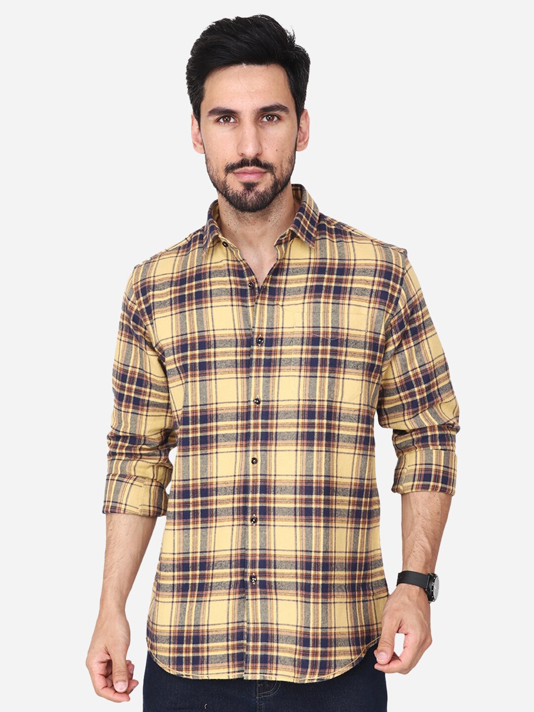 

Steele Classic Spread Collar Tartan Checks Cotton Casual Shirt, Mustard
