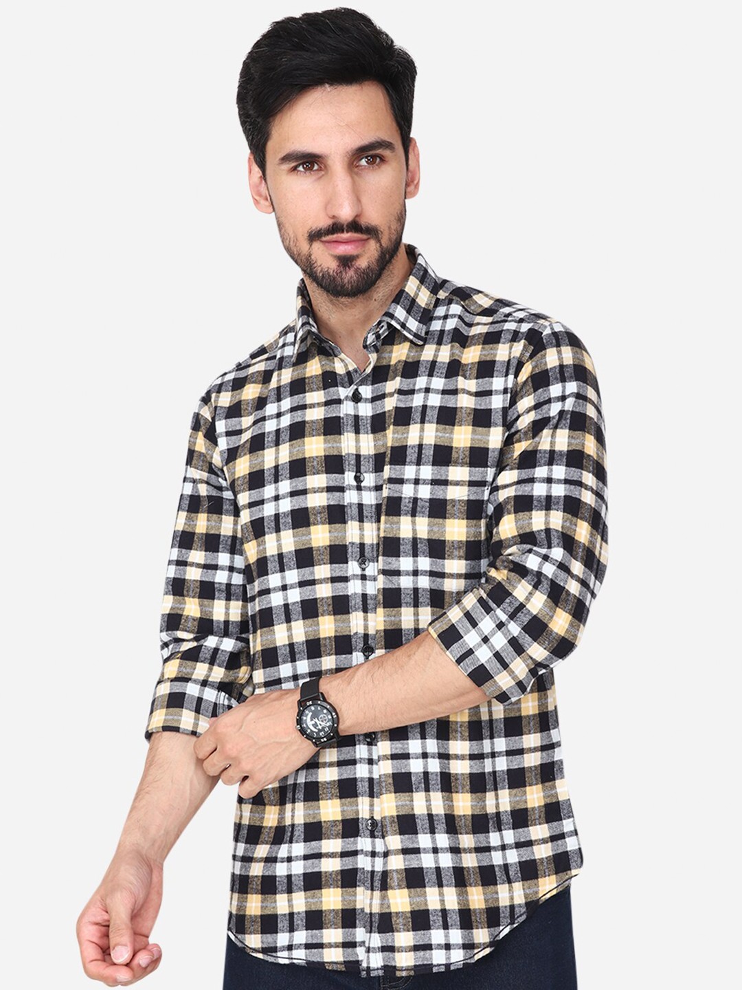 

Steele Classic Spread Collar Tartan Checks Cotton Casual Shirt, Cream
