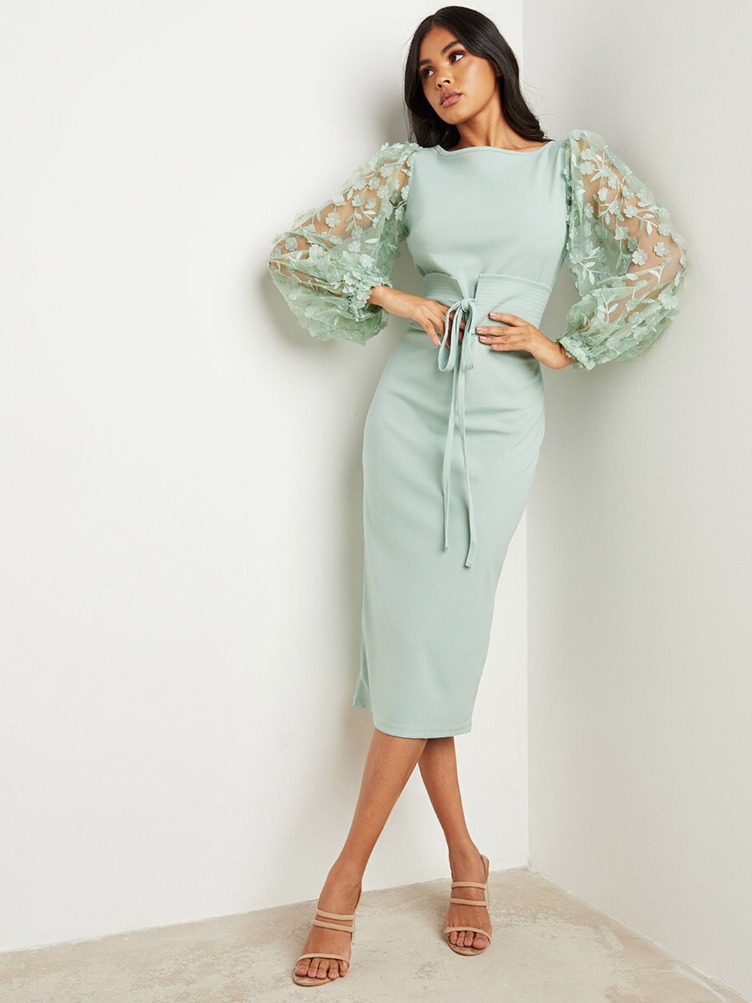 

Styli Tie-Ups Boat Neck Puff Sleeve Bodycon Dress, Green