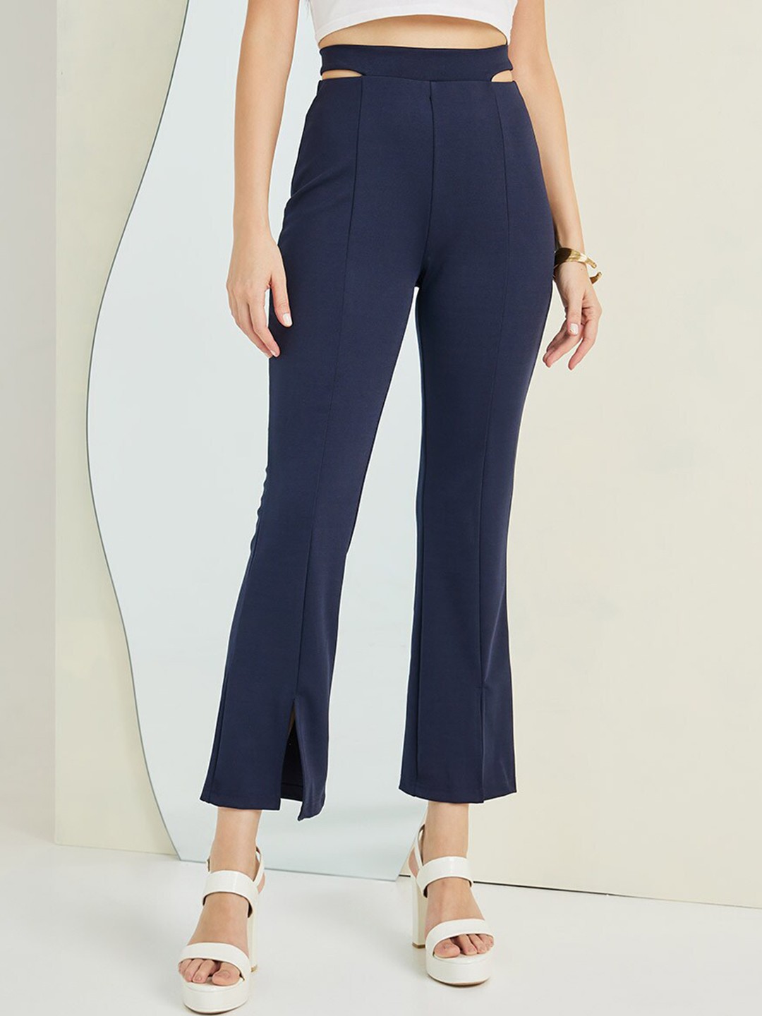 

Styli Women Slim Fit High-Rise Slit Detail Cropped Bootcut Trousers, Navy blue